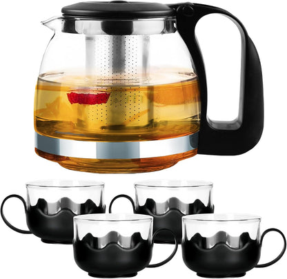 Pyrex Serving Tea Set, 700ml Capacity, Glass Teapot with 4 Glass Tea Cups with Plastic Base and Removable Stainless Steel Tea Infuser, Suitable for Brewing Tea and Herbal Tea Bags