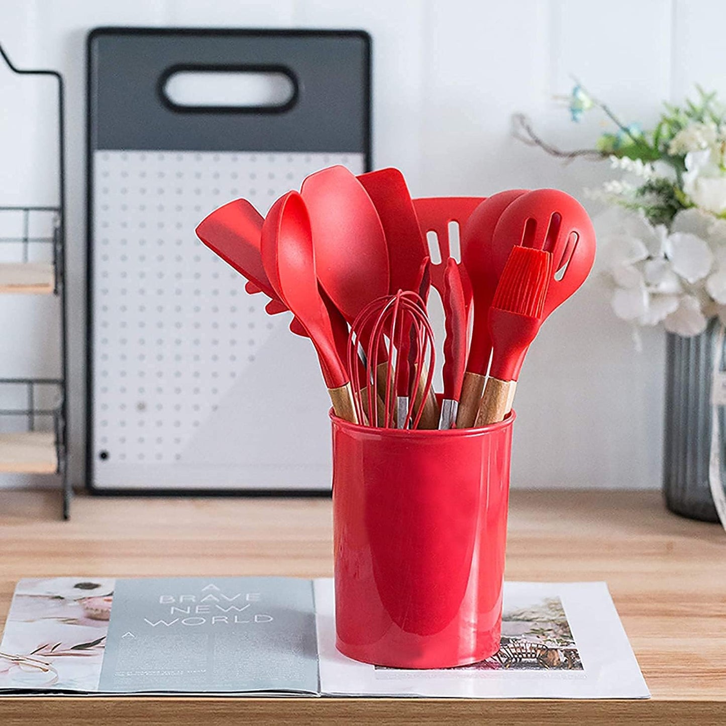12 Piece Silicone Kitchen Utensil Set, Kitchen Utensil Set with Wooden Handles for Non-Stick Cookware Set, Great Kitchen Tools