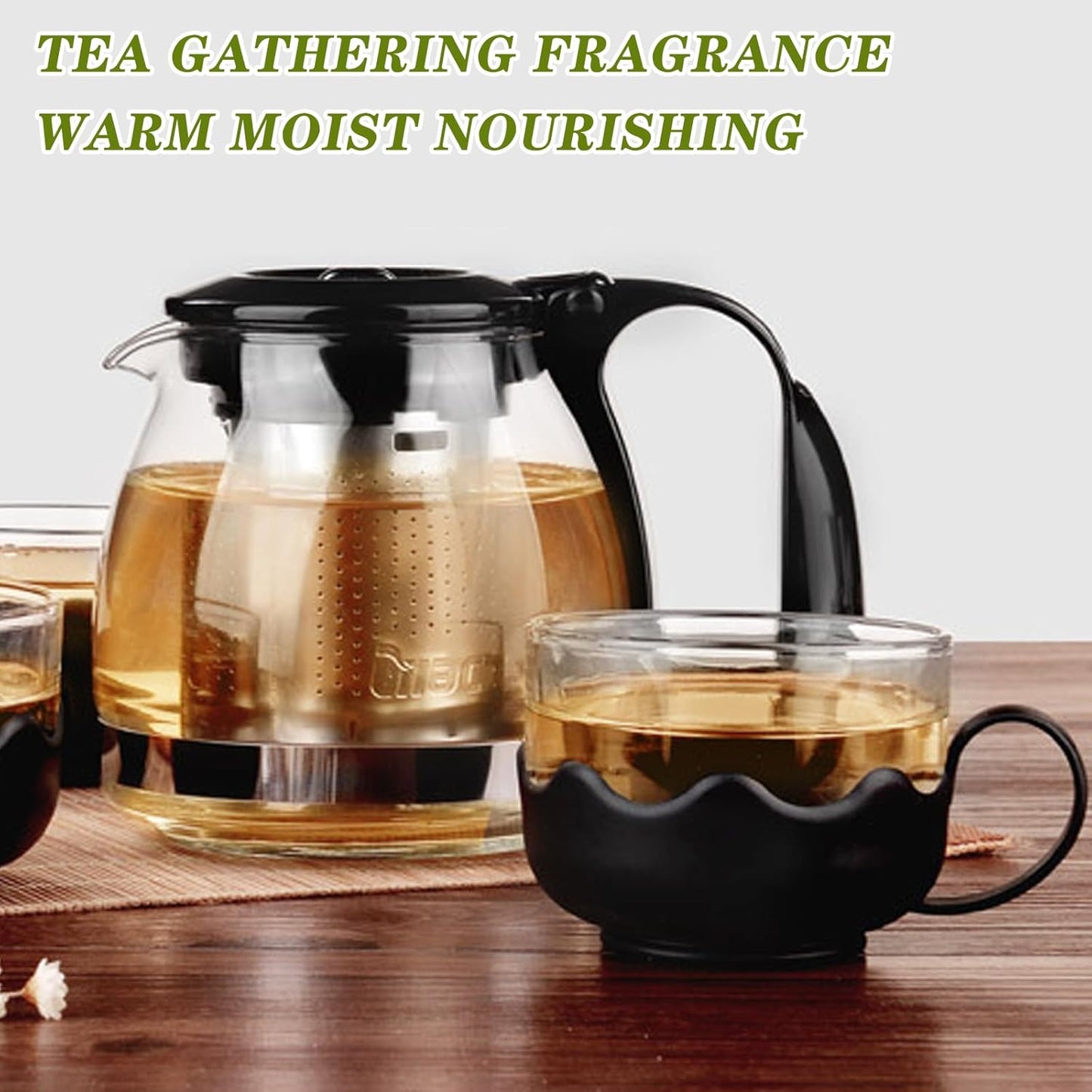 Pyrex Serving Tea Set, 700ml Capacity, Glass Teapot with 4 Glass Tea Cups with Plastic Base and Removable Stainless Steel Tea Infuser, Suitable for Brewing Tea and Herbal Tea Bags