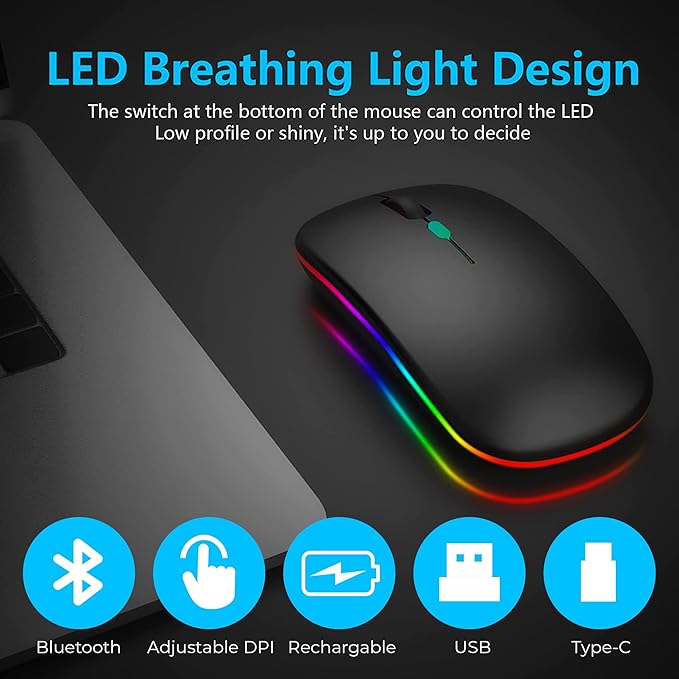 ماوس لاسلكي للابتوب من فوجاسي – بلوتوث 2.4 جيجا هرتز – قابل لإعادة الشحن مع محول USB-A إلى USB-C – 3 أزرار – تصميم أنيق