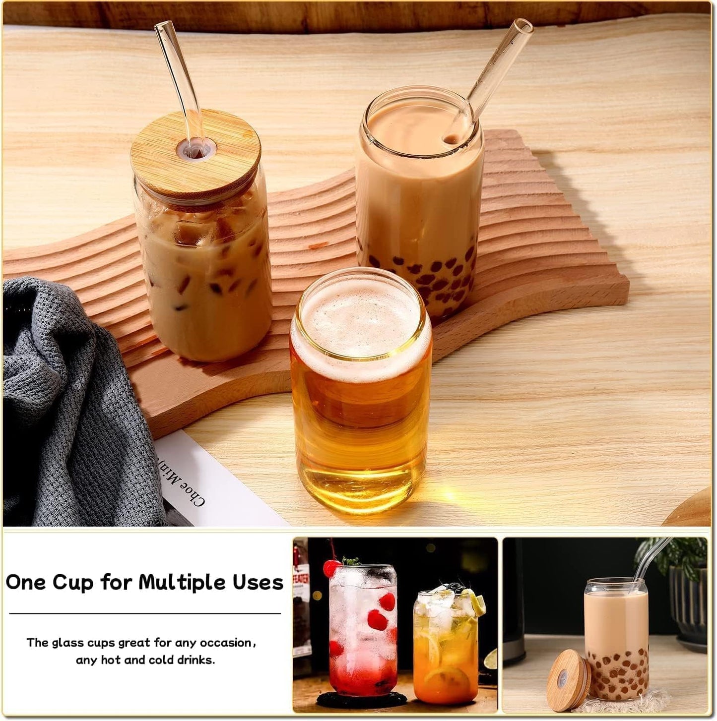 Trendy Cans Mug with Wooden Lid and Clear Glass Straw: Ideal for juices and iced coffee, withstands different temperatures and provides a unique drinking experience
