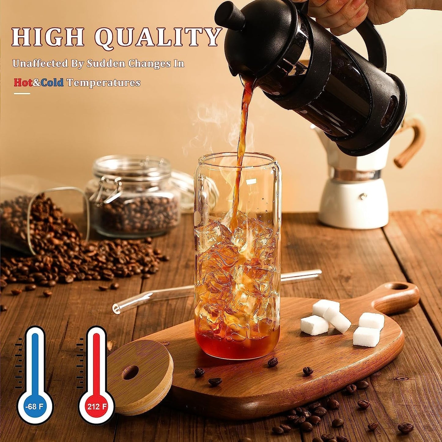 Trendy Cans Mug with Wooden Lid and Clear Glass Straw: Ideal for juices and iced coffee, withstands different temperatures and provides a unique drinking experience