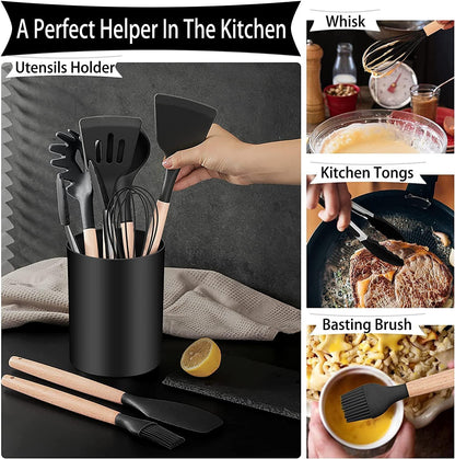 12 Piece Silicone Kitchen Utensil Set, Kitchen Utensil Set with Wooden Handles for Non-Stick Cookware Set, Great Kitchen Tools