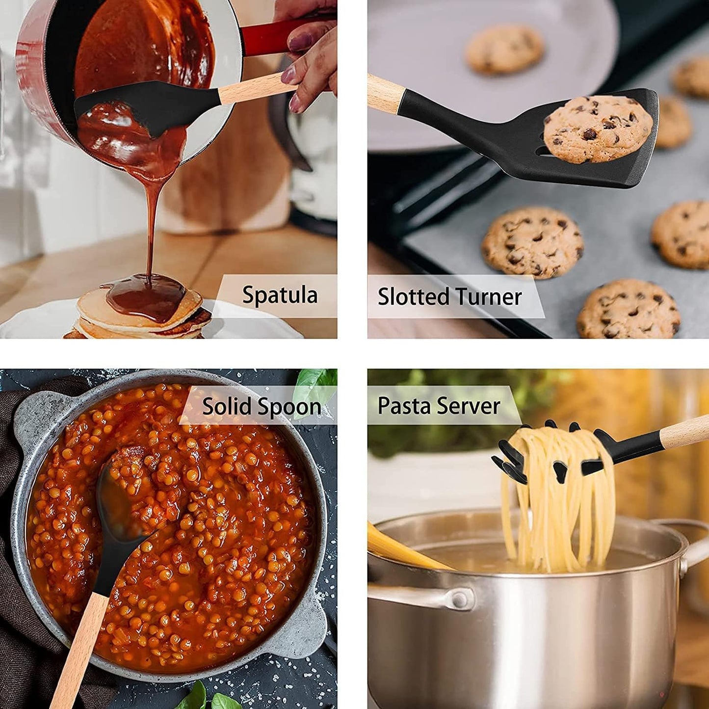 12 Piece Silicone Kitchen Utensil Set, Kitchen Utensil Set with Wooden Handles for Non-Stick Cookware Set, Great Kitchen Tools