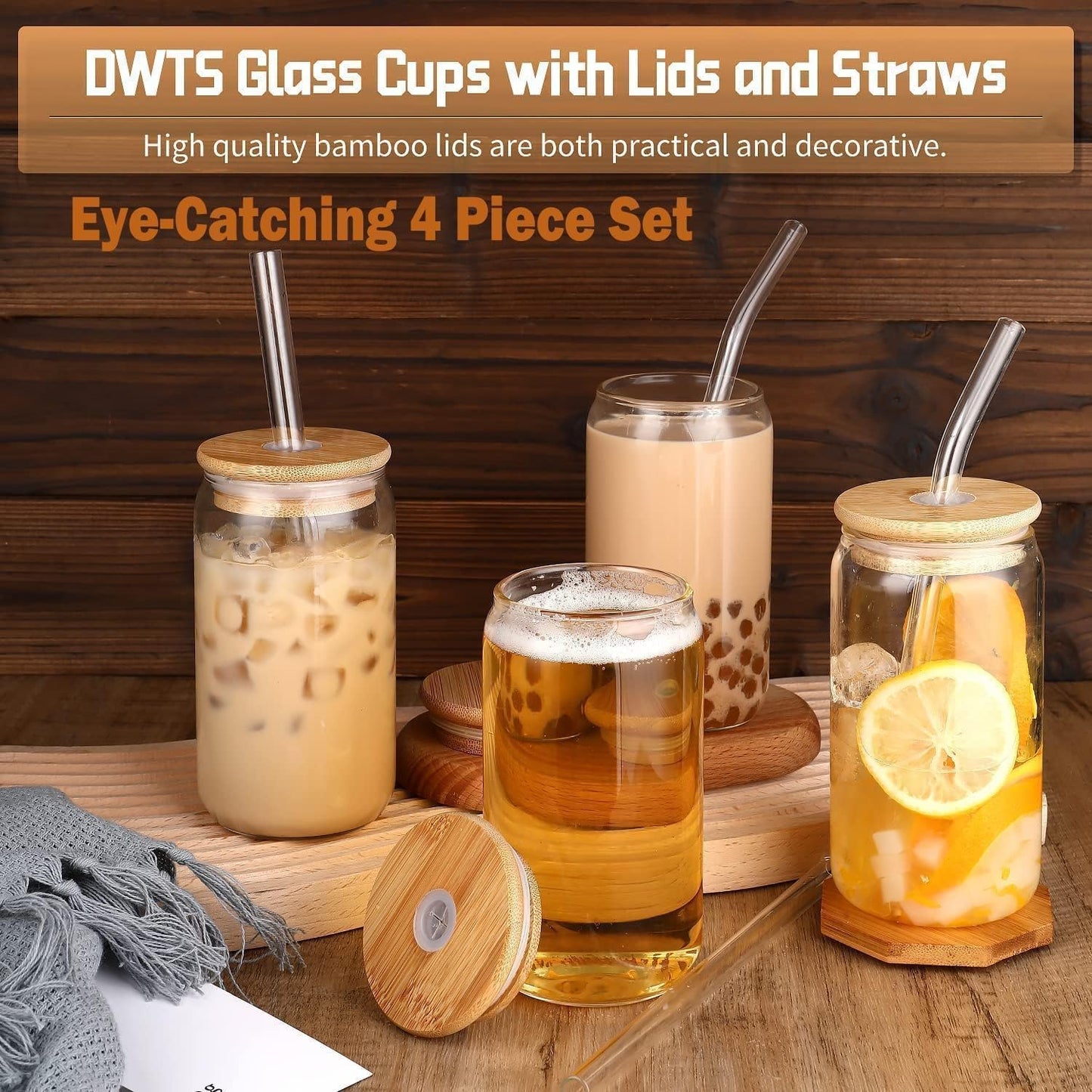 Trendy Cans Mug with Wooden Lid and Clear Glass Straw: Ideal for juices and iced coffee, withstands different temperatures and provides a unique drinking experience