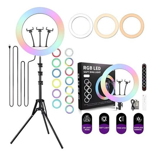 رينج لايت MJ45 – حلقة إضاءة LED – مقاس 18 بوصة / 45 سم – إضاءة RGB بـ 7 ألوان – حامل بطول 2.1 متر