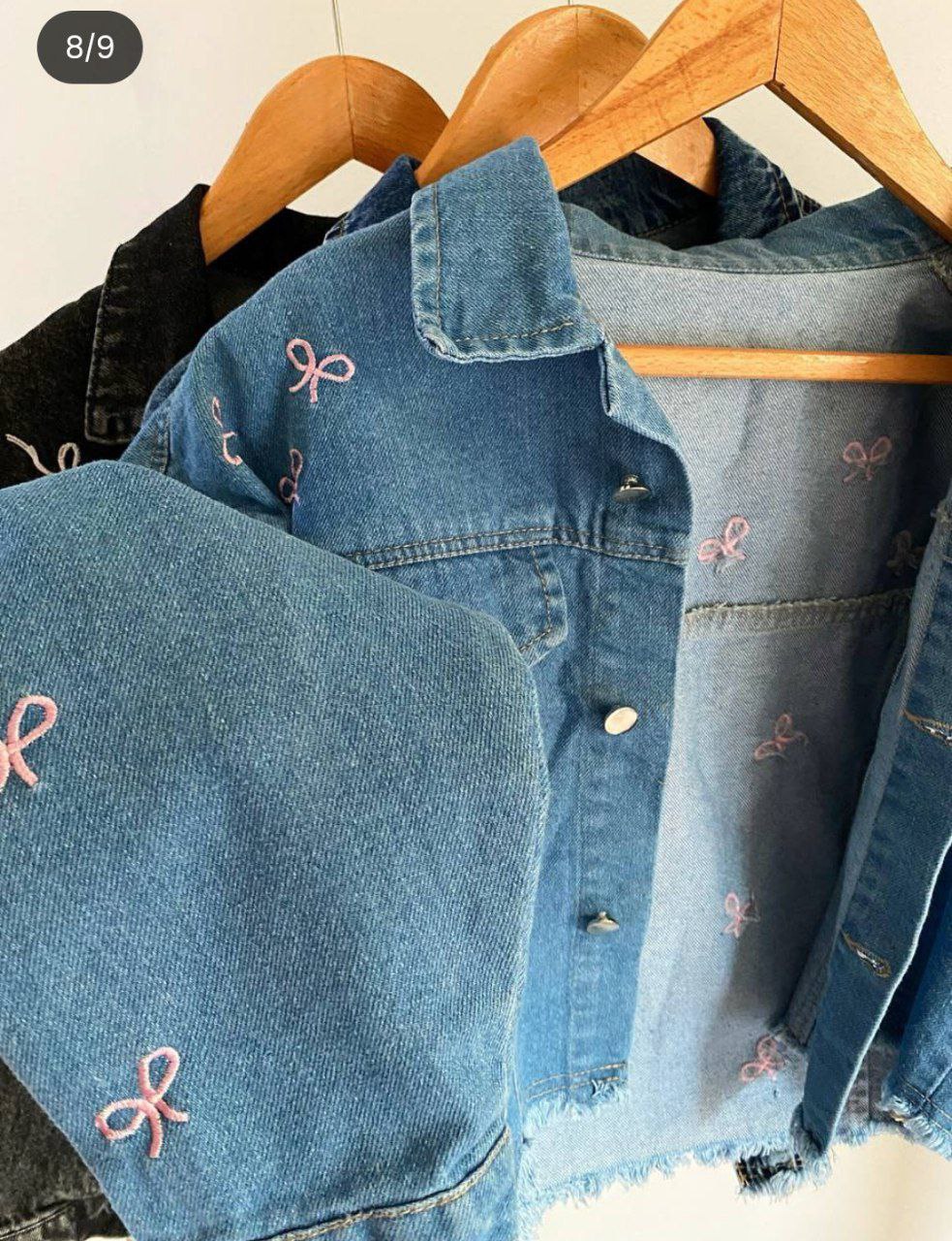 Embroidered denim jacket with bow designs, four-way denim, fits from 50 to 85 kg, comfortable and soft, a feminine touch at the heart of strength 