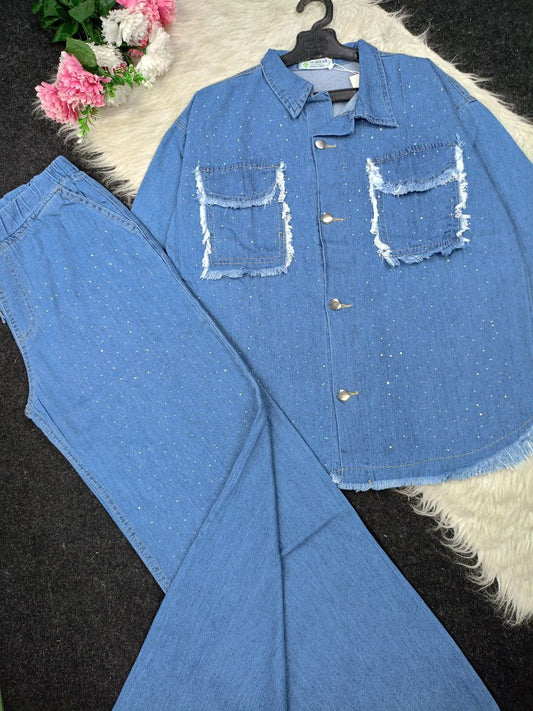 Two-piece cotton polka-dot jeans suit, light, comfortable cotton jeans material, one size from 55 kg to 85 kg, elegance and comfort in one ready-made set that catches the eye!