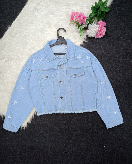 Embroidered denim jacket with bow designs, four-way denim, fits from 50 to 85 kg, comfortable and soft, a feminine touch at the heart of strength 