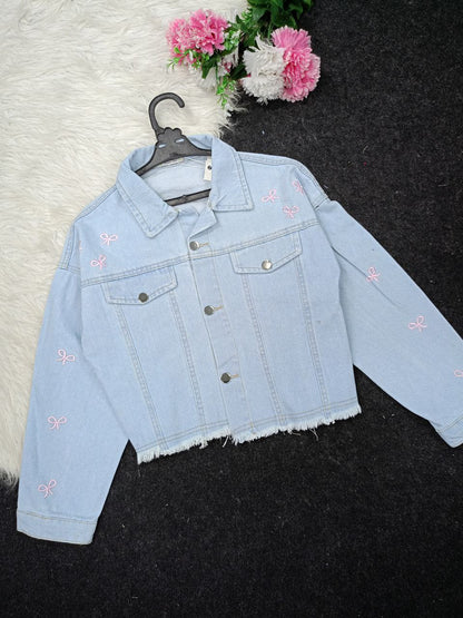 Embroidered denim jacket with bow designs, four-way denim, fits from 50 to 85 kg, comfortable and soft, a feminine touch at the heart of strength 
