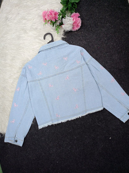Embroidered denim jacket with bow designs, four-way denim, fits from 50 to 85 kg, comfortable and soft, a feminine touch at the heart of strength 