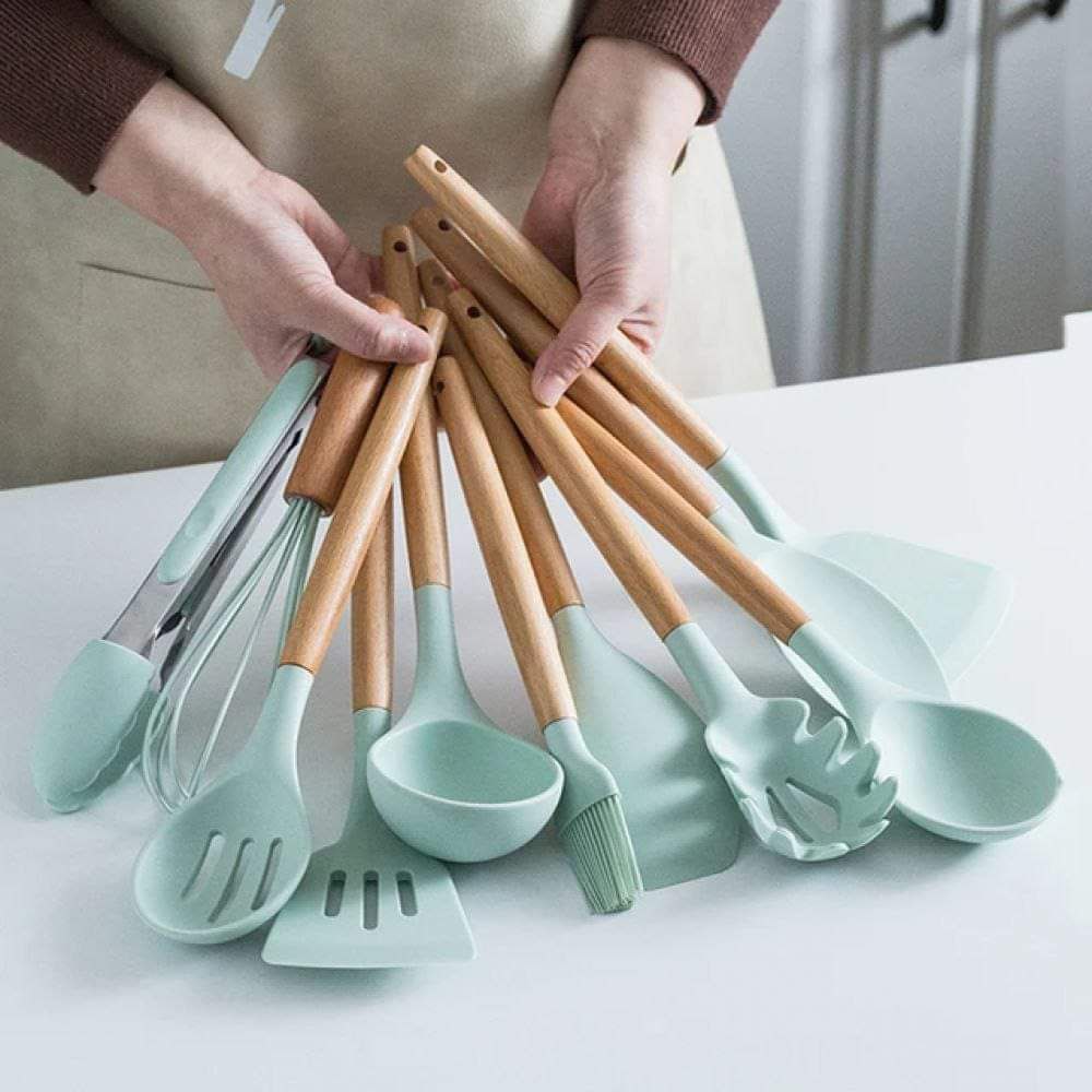 12 Piece Silicone Kitchen Utensil Set, Kitchen Utensil Set with Wooden Handles for Non-Stick Cookware Set, Great Kitchen Tools