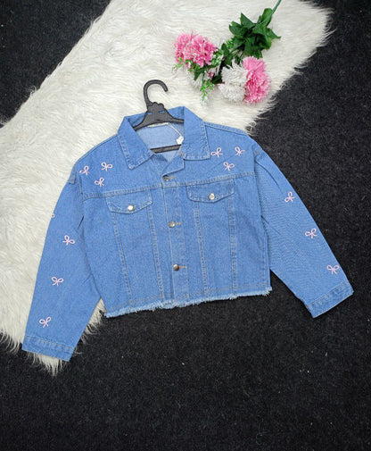 Embroidered denim jacket with bow designs, four-way denim, fits from 50 to 85 kg, comfortable and soft, a feminine touch at the heart of strength 