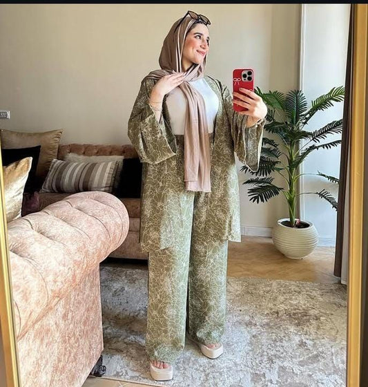 سوت نسائي 3 قطع مشجر – فريسكا مطبوعة، قطن مستورد، One Size حتى 85 كغ