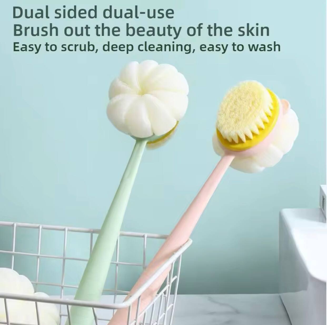 Double-Sided Body Brush with Long Handle, Chevron Pattern Bath Massager and Exfoliator, Multicolor, 1 Piece
