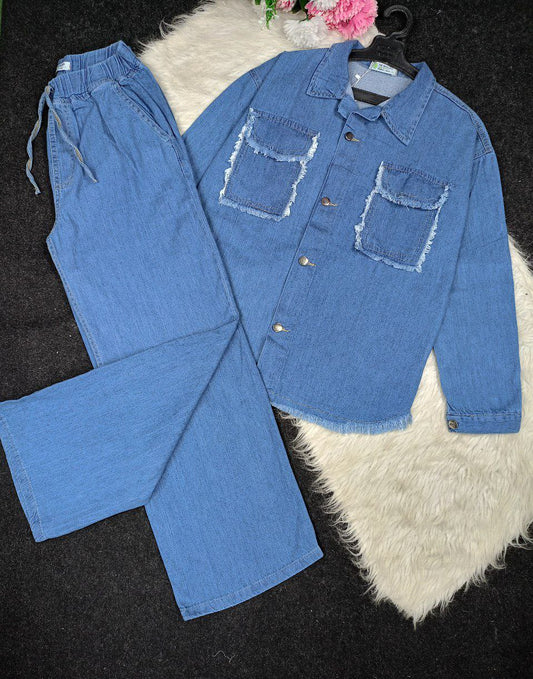 Two-piece cotton jeans suit, comfortable cotton jeans material, one size from 55 kg to 85 kg, elegance and comfort in one ready-made set that catches the eye!