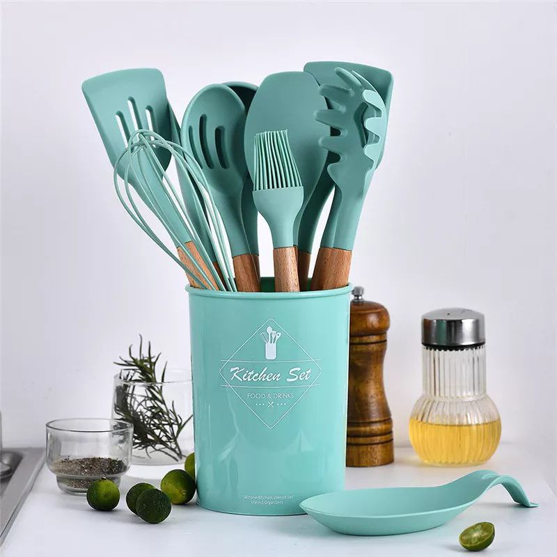 12 Piece Silicone Kitchen Utensil Set, Kitchen Utensil Set with Wooden Handles for Non-Stick Cookware Set, Great Kitchen Tools