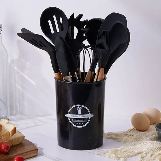 12 Piece Silicone Kitchen Utensil Set, Kitchen Utensil Set with Wooden Handles for Non-Stick Cookware Set, Great Kitchen Tools