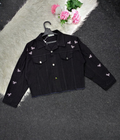 Embroidered denim jacket with bow designs, four-way denim, fits from 50 to 85 kg, comfortable and soft, a feminine touch at the heart of strength 